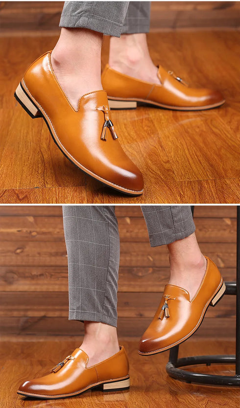 Elegant Pointed Toe Leather Oxfords for Men - Formal Office, Wedding, and Party Dress Shoes Featuring Comfortable Slip-On Design and Durable Rubber Outsole